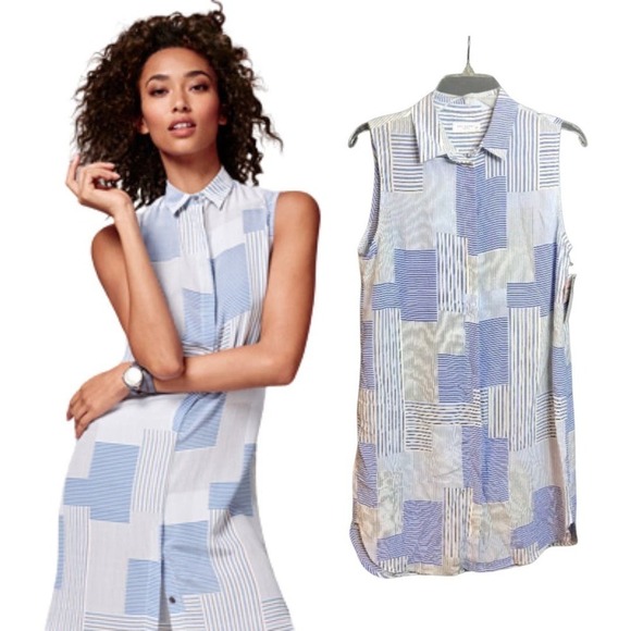 Equipment Femme 100% Silk Sleeveless Button Front Shirt Dress Blue Stripe - S - Picture 1 of 10